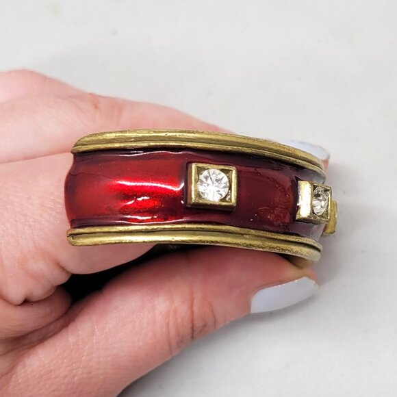 Vintage 1980s Signed Gerard Yosca Red Enamel & Clear Rhinestone Cuff Bracelet - Picture 6 of 8
